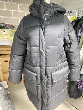 H&M Black Long Quilted Puffer Coat with Hood